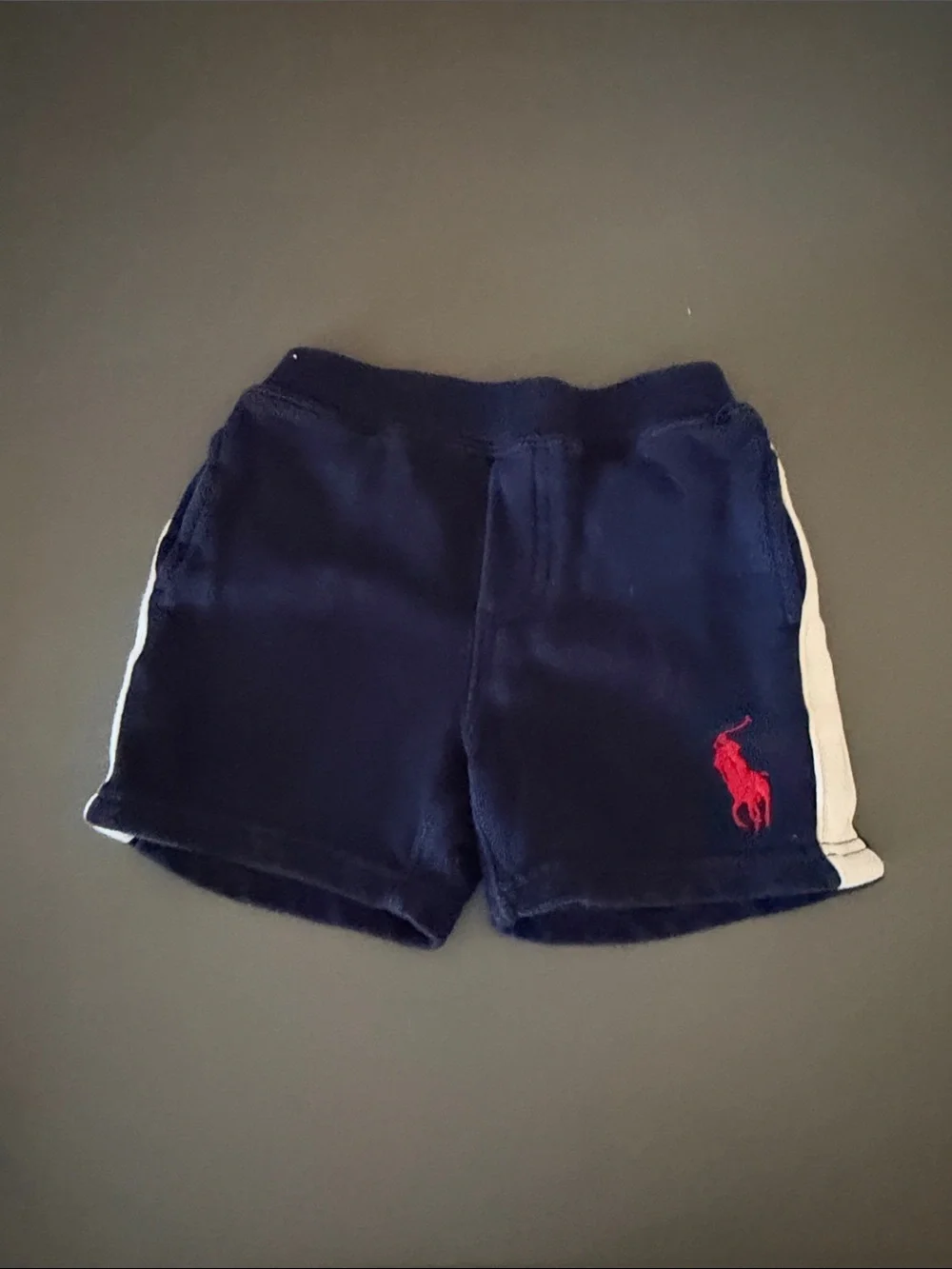 Ralph Lauren Navy Terry Shorts with Red Pony and White Side Stripes. 24M